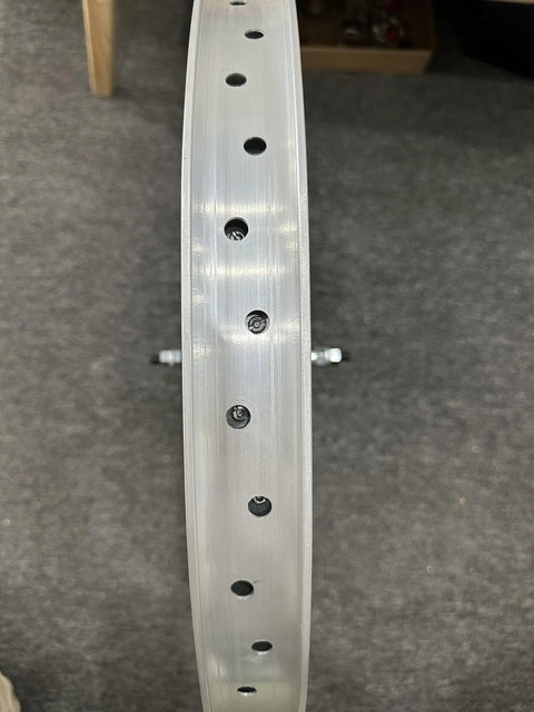 Top view of Beefy 26 Inch Bike Rim Wheel Set Built Tough With Double Wall Aluminum Alloy, Silver 47mm wide, holes visible