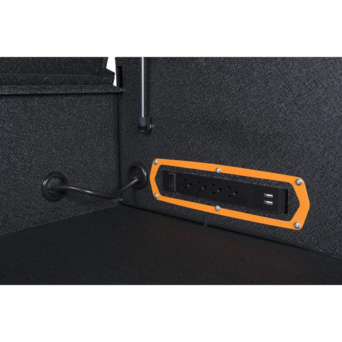 Interior view of black 36 Inch 5 Drawer GSX Series Tool Chest With Trigger Lock System, featuring power outlets inside