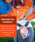 Waterproof Survival Kit In A Rugged Bag With Emergency Thermal Blanket, visible in use outdoors, showing contents and durability.