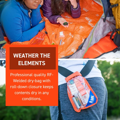Waterproof Survival Kit In A Rugged Bag With Emergency Thermal Blanket, visible in use outdoors, showing contents and durability.
