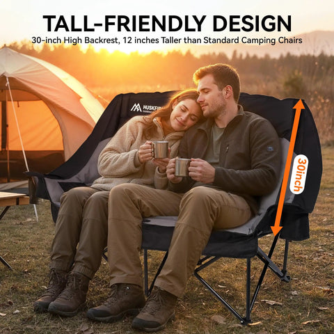 Two Person Low Seat Camping Couch Fully Padded Oversized Loveseat For Adults With Cup Holders And Carry Bag 650 Lb Capacity Black