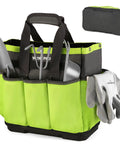 Durable Garden Tool Tote With Waterproof Plastic Base, Eight Pocket Oxford Caddy For Indoor And Outdoor Use, Heavy Duty Tool Organizer Bag For Tools, Stands Upright On Wet Ground And Keeps Your Gear Clean, shown with tools and gloves
