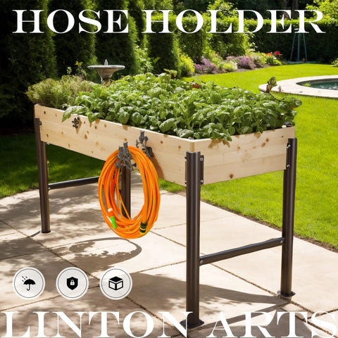 Planter box with hose in garden setting, not related to Owl Cast Iron Hose Holder For Wall Mount, Heavy Duty Garden Hose Hanger With Vintage Style.