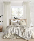 108 Inch Linen Look Curtains Set Of 2 Panels For Ceiling Track System With Hooks Sheer Light Filtering For Living Room And Bedroom Cream Color Extra Long Nine Foot Length Blended Cotton Linen Polyester Drapes Soft And Breathable installed in bedroom