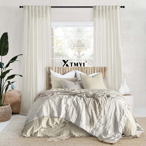 108 Inch Linen Look Curtains Set Of 2 Panels For Ceiling Track System With Hooks Sheer Light Filtering For Living Room And Bedroom Cream Color Extra Long Nine Foot Length Blended Cotton Linen Polyester Drapes Soft And Breathable installed in bedroom