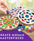 Kid-Friendly Arts And Crafts And Gross Science Kit Bundle For Kids With Mosaic Art Marble Painting Air Dry Pottery Projects And 45 Hands-On Experiments For Creative STEM Learning Fun; hand placing blue mosaic tile