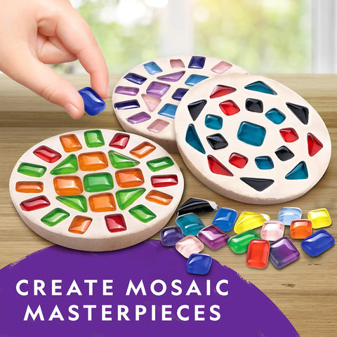 Kid-Friendly Arts And Crafts And Gross Science Kit Bundle For Kids With Mosaic Art Marble Painting Air Dry Pottery Projects And 45 Hands-On Experiments For Creative STEM Learning Fun; hand placing blue mosaic tile