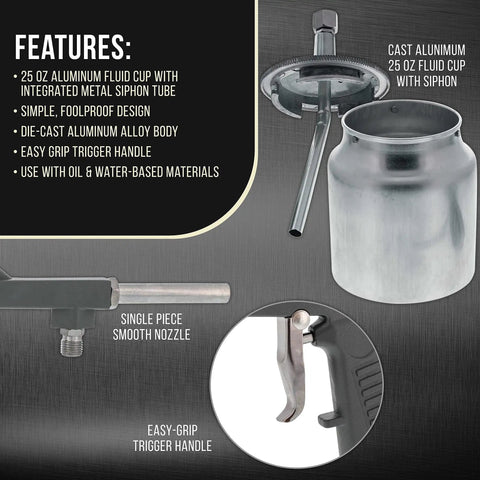 Heavy Duty Pneumatic Undercoating Spray Gun With Suction Feed Cup For Auto Rust Proofing And Truck Bed Liner, features aluminum fluid cup, smooth nozzle.