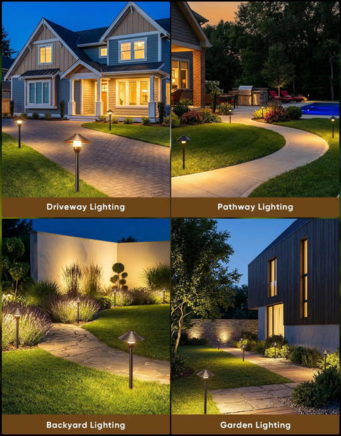 Low Voltage Landscape Lighting 12 Pack Aluminum Pathway Lights With G4 Bulbs illuminating driveways, pathways, and gardens