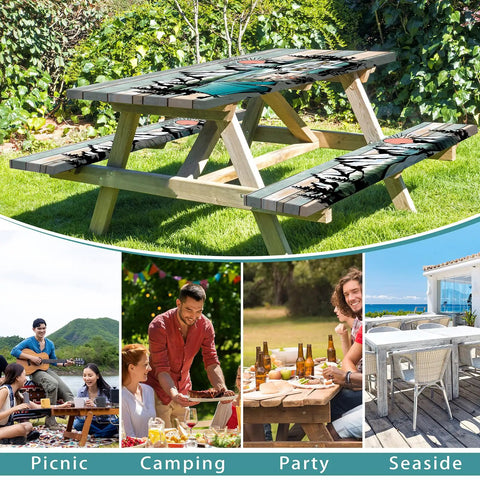 Waterproof 6 Foot Picnic Table Cover With Elastic Bench Covers 3 Piece Set Fitted Wood Texture Tablecloth for outdoor use