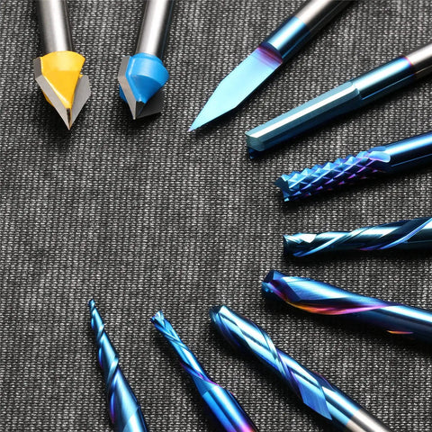 Overview of General Purpose CNC Router Bit Set One Quarter Inch Shank Nano Blue Coated Ten Piece Collection on fabric surface