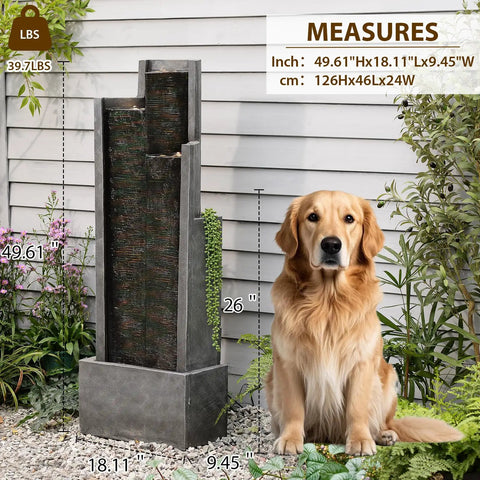 Modern Outdoor Water Fountain With LED Lights, 49.6 Inch Cascading Waterfall, polyresin construction for patio or garden use