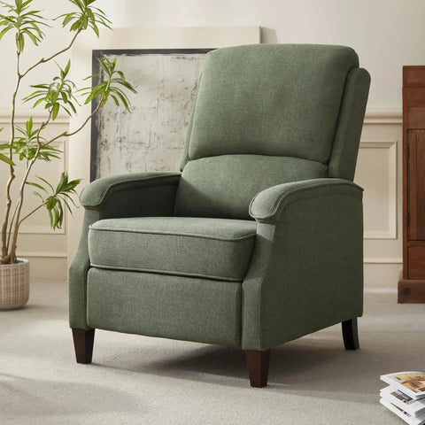 Green Fabric Recliner Chair With Soft Armrests, Adjustable Push Back, And Lumbar Support in cozy living room setup