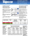 Instruction sheet for 1/4 Inch By 2-3/4 Inch Flat Phillips Concrete Tapcon Screw For Masonry Anchoring To Brick, Block Or Concrete, Self Drilling For Quick, No-Fuss Install, 500 Count Case showing anchor sizes and tips.