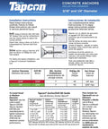 Installation guide for 3/16 and 1/4 inch Tapcon concrete anchors with drill and drive instructions visible.