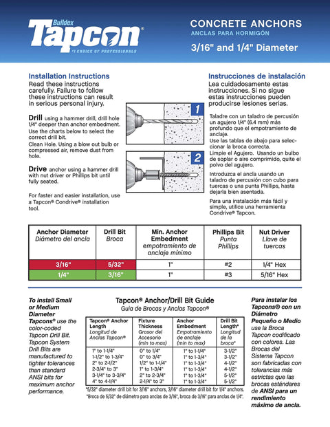 Installation guide for 3/16" and 1/4" diameter Tapcon concrete anchors with drill and drive instructions.