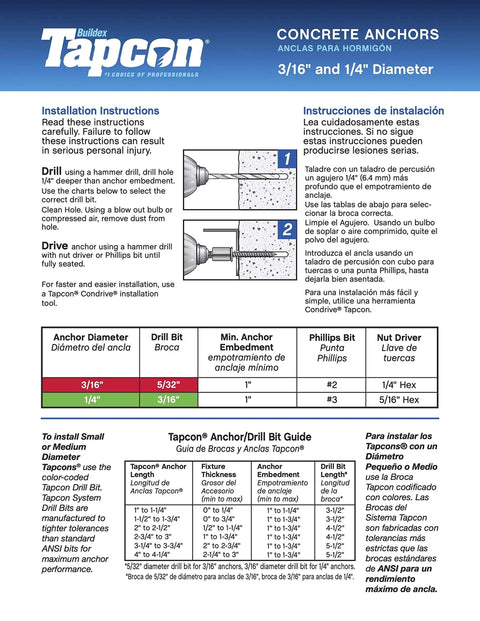 Tapcon concrete anchors installation guide for 3/16" and 1/4" diameter, featuring drill and drive instructions in English and Spanish.