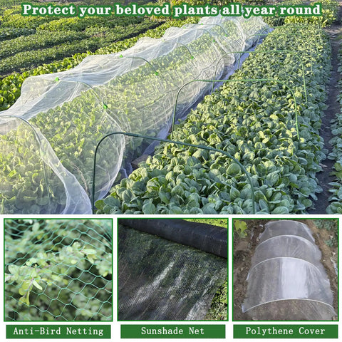 Durable Garden Hoops Kit For Raised Beds And Greenhouse Tunnels, Rust Free Removable Row Covers, Adjustable Height Netting System, Includes 20 Bending Pipes, 30 Straight Rings, 40 Connectors, And 30 Clips For Outdoor Vegetables