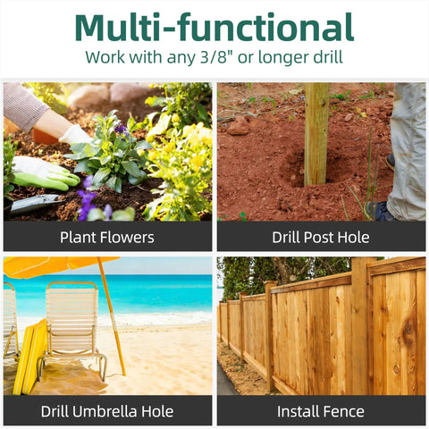 Four uses of 4 Pack Auger Drill Bits For Planting, Heavy Duty Steel With 3/8 Hex Drive: planting flowers, post hole, umbrella hole, fence.