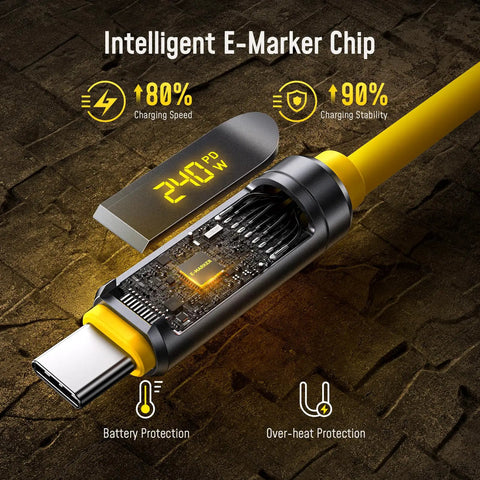 Uber Fast USB4 2.0 Cable With LED Display 6.6ft 240W PD3.1 Fast Charging 80Gbps Data Transfer Dual 8K Video For MacBook Pro iPhone Galaxy SSD Docking Yellow, USB-C close-up
