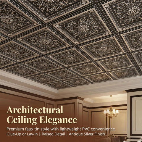 Antique Silver 2x2 PVC Ceiling Tile Pack Of 10 for Glue-Up or Lay-In install, durable embossed panels shown in a home setting