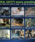Collage of safety practices in various industries including mining, construction, waste recycling, mowing, metal machining, art creating, sanding, woodworking, and sand casting.