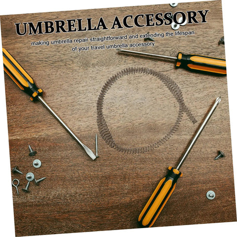 Pro Grade Portable Folding Umbrella Spring Replacement Featuring Slick Auto Pole Mechanism Beast Mode Metal Construction No Sweat Outdoor Travel Gear Fix tools and screws on wooden surface for umbrella maintenance.