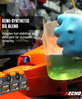 Pouring Power Blend Gold Oil Mix 50 To 1 For Two Stroke Engines into outdoor power equipment with semi-synthetic blend bottles shown.