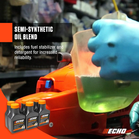 Pouring Power Blend Gold Oil Mix 50 To 1 For Two Stroke Engines into outdoor power equipment with semi-synthetic blend bottles shown.