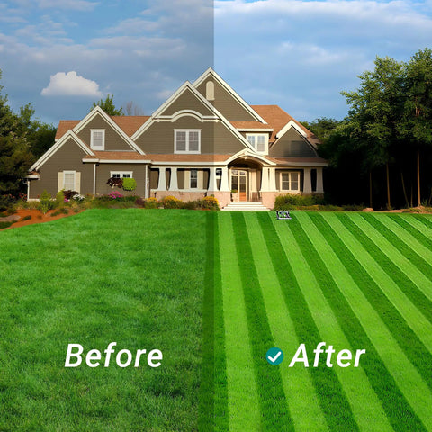Before and after lawn stripes using Dope Lawn Striper Kit For Push Mowers With Heavy Duty Stainless Steel Roller Universal DIY Striper