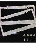 Sparkly Rhinestone License Plate Frames 2 Pack Bling Set with Over 1100 Black 5mm Rhinestones, seen with screws on black background
