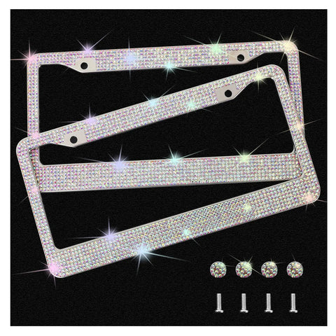 Sparkly Rhinestone License Plate Frames 2 Pack Bling Set with Over 1100 Black 5mm Rhinestones, seen with screws on black background