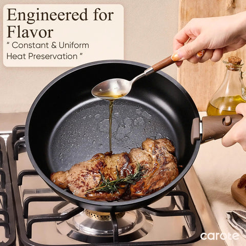 Cooking steak in Detachable Handle 19 Piece Nonstick Cookware Set For Induction Cooktops on a gas stove
