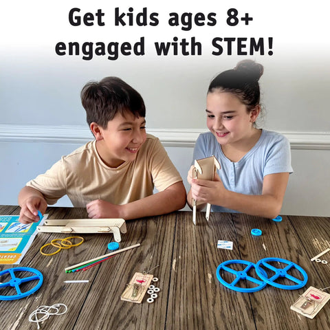Hands On Classroom Physics Project Ten Pack Mousetrap Car Kit For Ages Eight And Up Build And Race Ten Mini Cars With Plastic Wheels Laser Cut Wood Chassis String Dowels And Zip Ties. kids building mousetrap cars with wood chassis and blue wheels