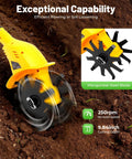Cordless Garden Tiller Cultivator 250RPM Portable Electric Rototiller with manganese steel blade in action on soil.