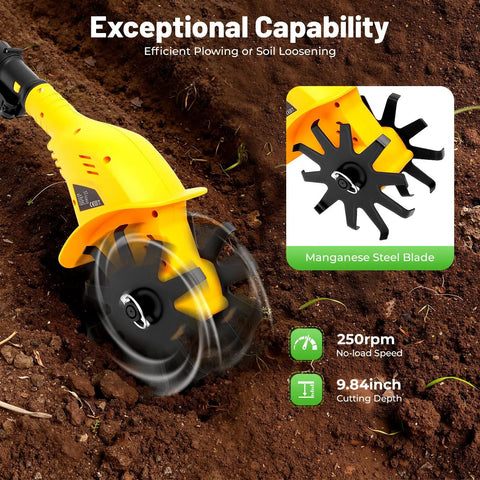 Cordless Garden Tiller Cultivator 250RPM Portable Electric Rototiller with manganese steel blade in action on soil.