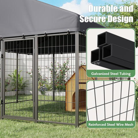 Heavy Duty Outdoor Dog Kennel With Roof For Yard 8x8 Ft Chain Link Fence Dog Run Enclosure Includes Feeding Bowl And Self Locking Latch