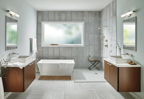 Modern bathroom with Ara 6 Way Shower Diverter Trim Kit Brushed Nickel 6 Function Diverter With 3 Fixed Positions And 3 Shared Valve