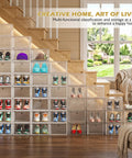 Game Changer Six Pack Clear Shoe Organizers With Snappy Magnetic Doors And Fully Stackable Build For Dead Simple Closet Tidy Up Under Bed Or Garage Storage arranged neatly under stairs with various shoes.