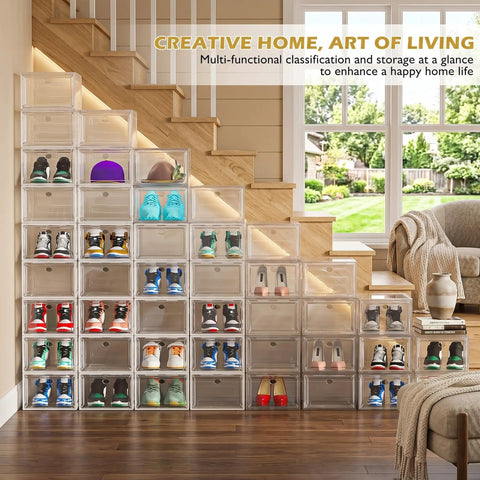 Game Changer Six Pack Clear Shoe Organizers With Snappy Magnetic Doors And Fully Stackable Build For Dead Simple Closet Tidy Up Under Bed Or Garage Storage arranged neatly under stairs with various shoes.