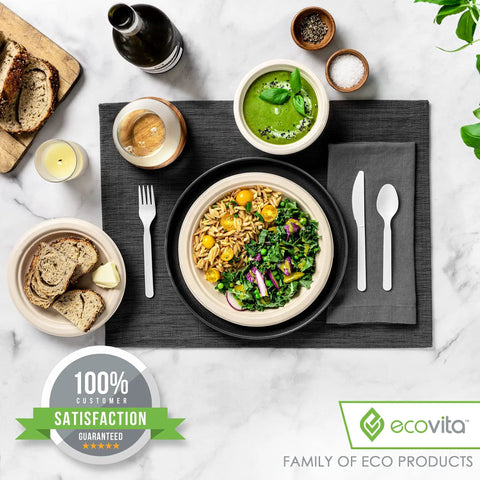 Fully Compostable 380 Piece Cutlery Set With 7 Inch Forks Spoons And Knives In Black Tray Eco Friendly Durable Heat Resistant Plastic Alternative For Parties And Events Great For Camping Picnic Catering And Office Lunches, white cutlery on table setting