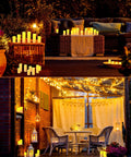 Outdoor patio lit with Waterproof Flameless LED Pillar Candles Set Of 24 In 3 Heights With Remote Controls and Timers
