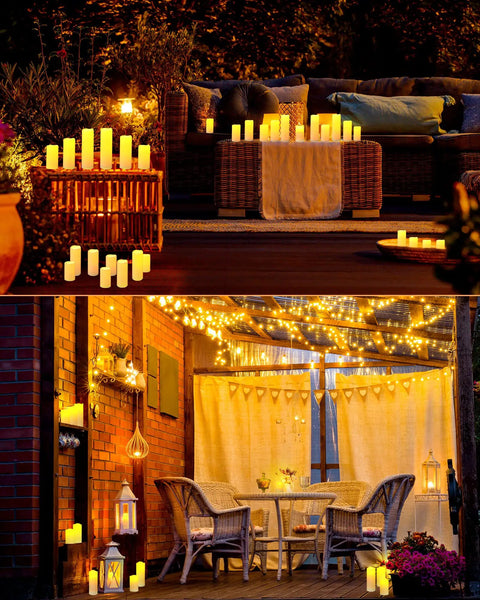 Outdoor patio lit with Waterproof Flameless LED Pillar Candles Set Of 24 In 3 Heights With Remote Controls and Timers