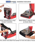 Installation of Beefed Up Heavy Duty Bumper Guard for Sanitaire Tradition Upright Vacuums shown in four steps.