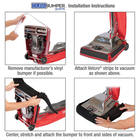 Installation of Beefed Up Heavy Duty Bumper Guard for Sanitaire Tradition Upright Vacuums shown in four steps.