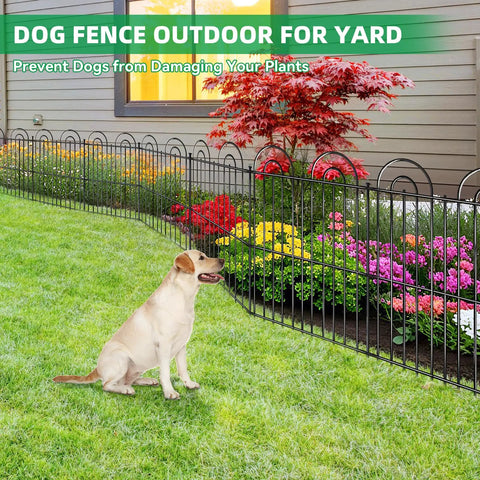 No Dig Decorative Garden Fence Kit With 25 Panels, 32 Inch High By 50 Foot Long, rustproof metal wire fence set up in a yard.