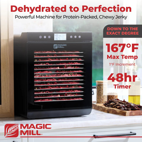 Kickass Food Dehydrator With Fifteen Extra Large Stainless Trays For Making Badass Beef Jerky And Crispy Dog Treats featuring beef jerky in trays.