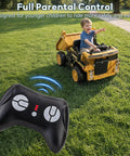 Child driving a toy construction vehicle on grass with a 2.4GHz Bluetooth Remote Controller For 12V/24V Ride On Cars in the foreground.