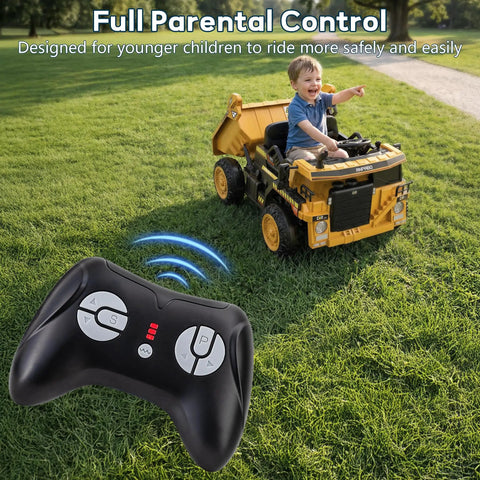 Child driving a toy construction vehicle on grass with a 2.4GHz Bluetooth Remote Controller For 12V/24V Ride On Cars in the foreground.