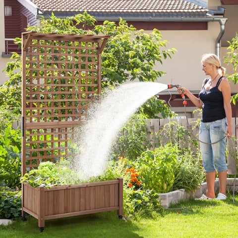 72 Inch High Horticulture Garden Planter With Trellis For Vine Climbing Plants Raised Outdoor Bed With Drainage Holes Durable Fir Wood Construction Sturdy As Heck Dark Brown Weatherproof Planter Box For Flowers in a garden with a woman watering plants.